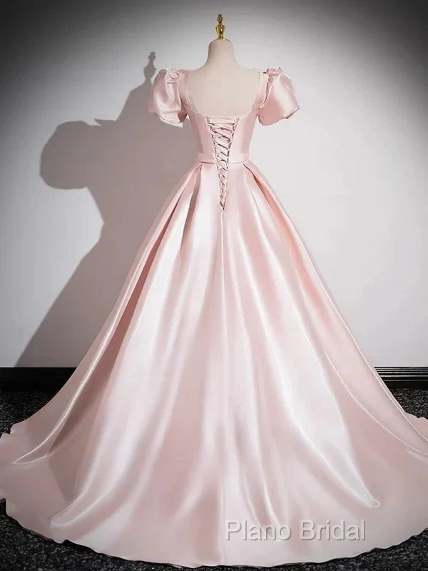 A-Line Satin Pink Quinceanera Dresses Long Formal Prom Dresses With Bows Short Sleeves