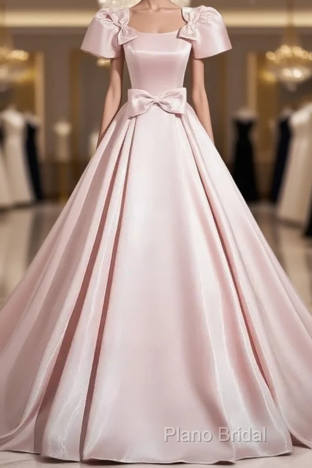 A-Line Satin Pink Quinceanera Dresses Long Formal Prom Dresses With Bows Short Sleeves Main image