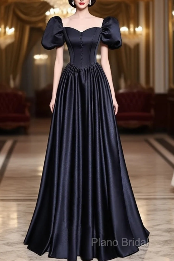 A-Line Satin Puff Sleeves Black Long Formal Prom Dresses, Black Long Formal Dresses Main image