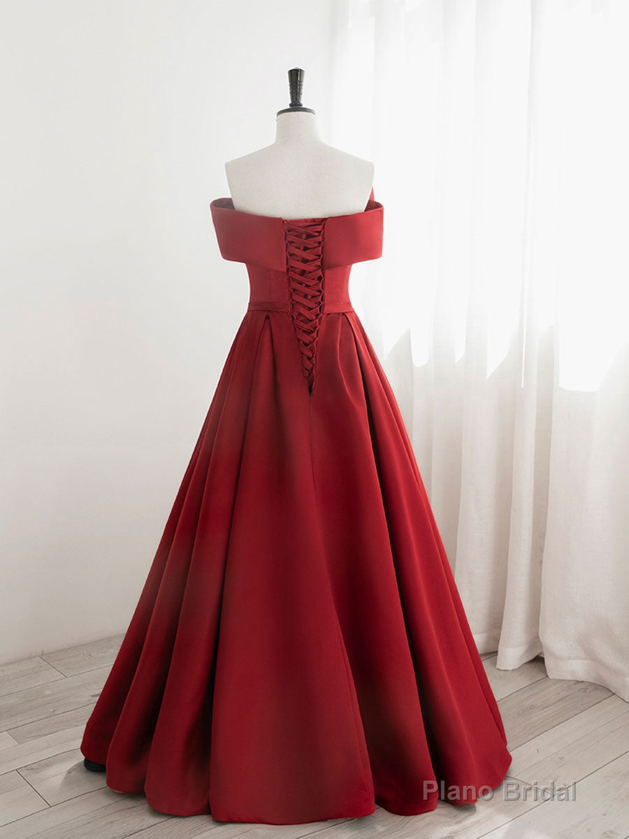 A-Line Satin Red Long Prom Dresses, Red Long Formal Dresses Main image