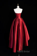 A-Line Satin Short Formal Prom Dresses, Burgundy Strapless High Low Party Dresses