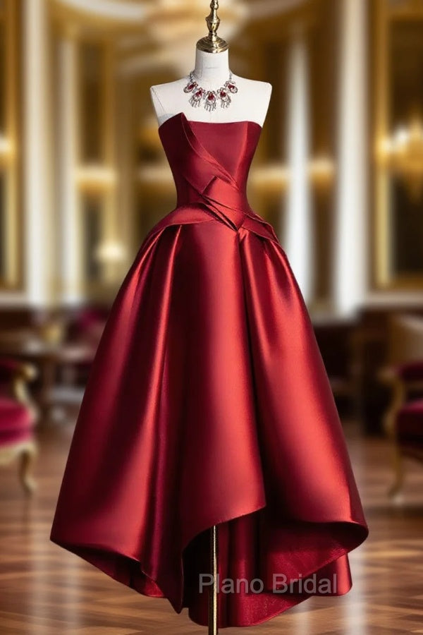 A-Line Satin Short Formal Prom Dresses, Burgundy Strapless High Low Party Dresses Main image