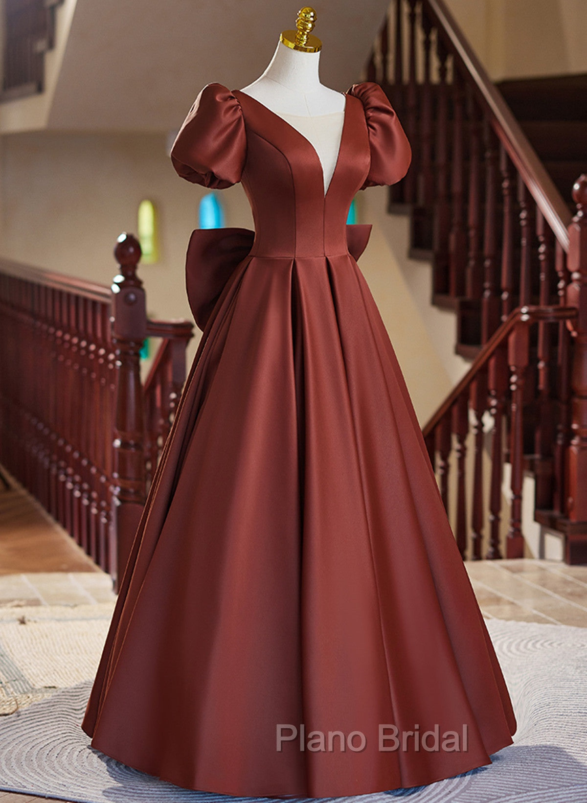 A-line Satin Short Sleeves Long Formal Prom Dresses, Satin Simple Evening Dresses Secondary image