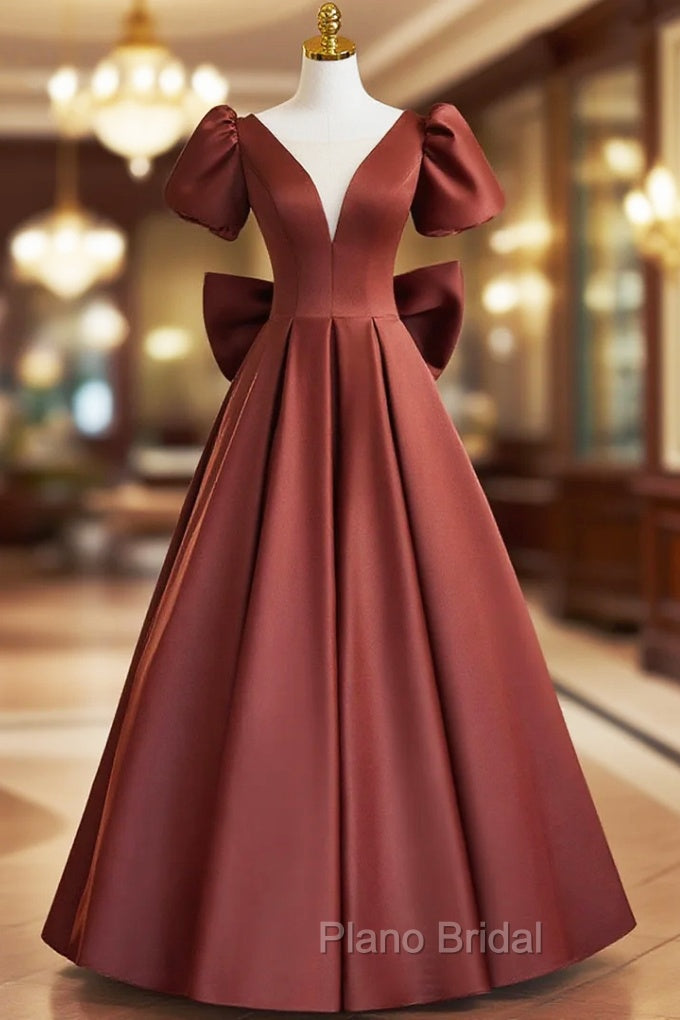 A-line Satin Short Sleeves Long Formal Prom Dresses, Satin Simple Evening Dresses Main image