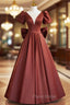 A-line Satin Short Sleeves Long Formal Prom Dresses, Satin Simple Evening Dresses