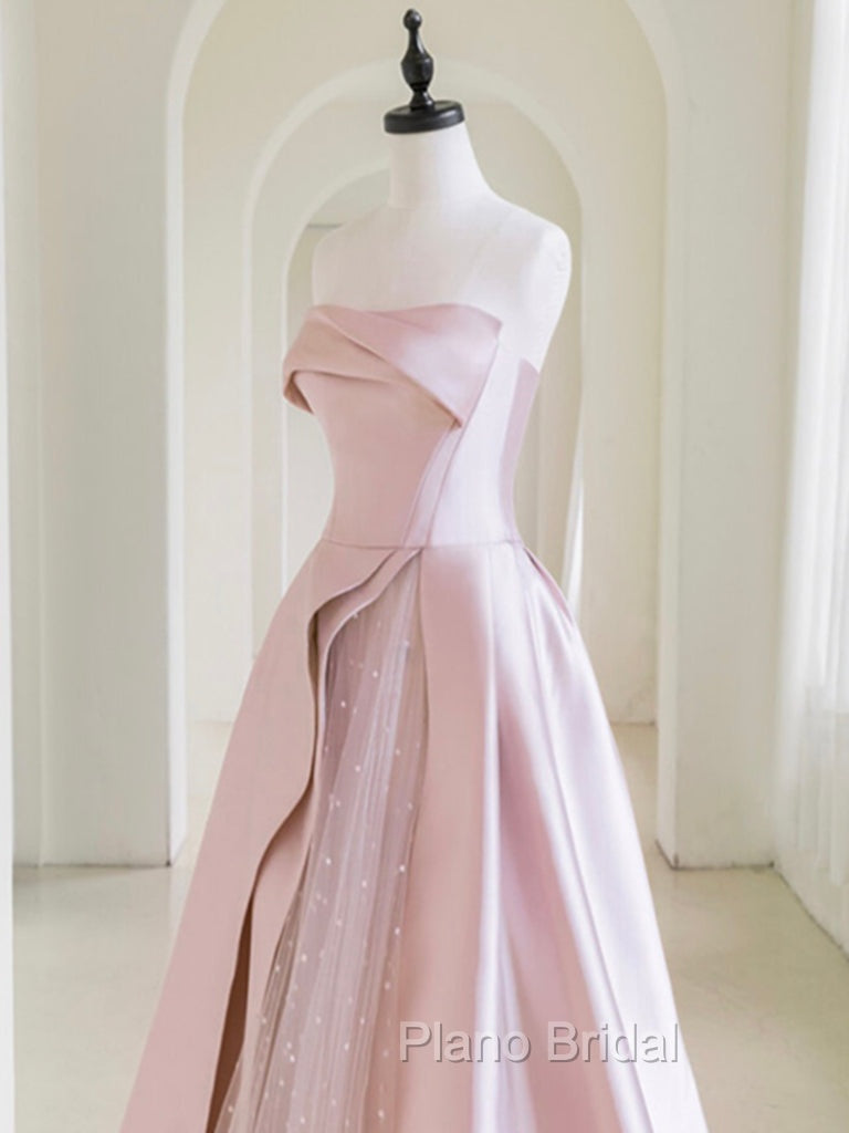 A-Line  Satin Tulle Pink Long Formal Prom Dresses, Pink Long Formal Dresses Secondary image