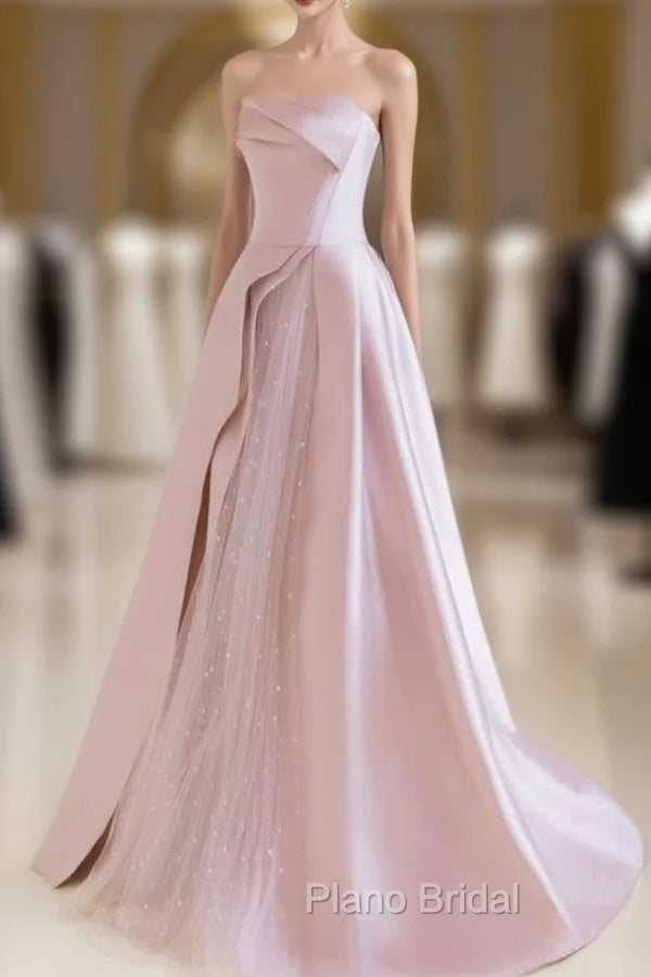A-Line  Satin Tulle Pink Long Formal Prom Dresses, Pink Long Formal Dresses