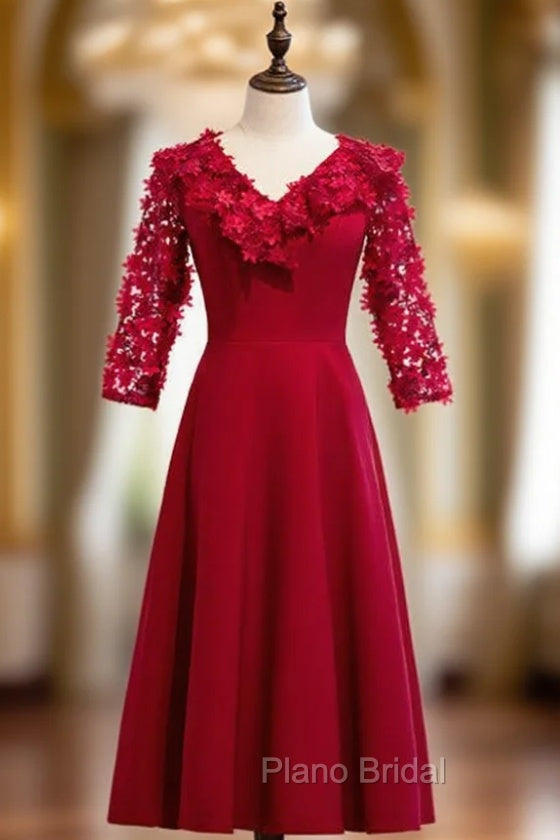 A-Line Satin V-neck Short Sleeve Flower Formal Prom Dresses Main image