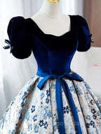 A-Line Satin Velvet Blue Long Formal Prom Dresses, Blue Long Formal Dresses
