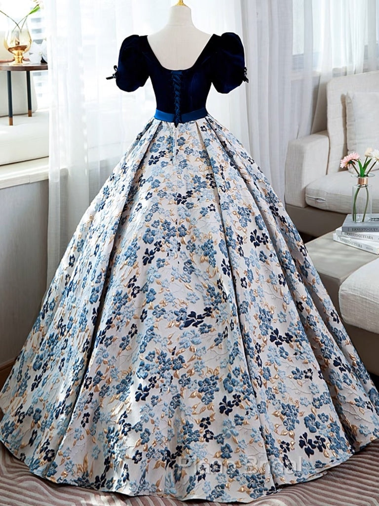 A-Line Satin Velvet Blue Long Formal Prom Dresses, Blue Long Formal Dresses