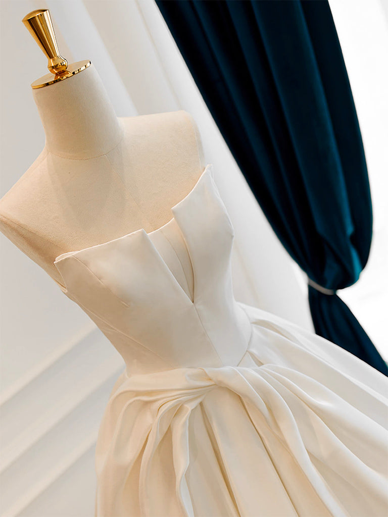 A-Line Satin White Long Formal Prom Dresses, White Long Formal Dresses
