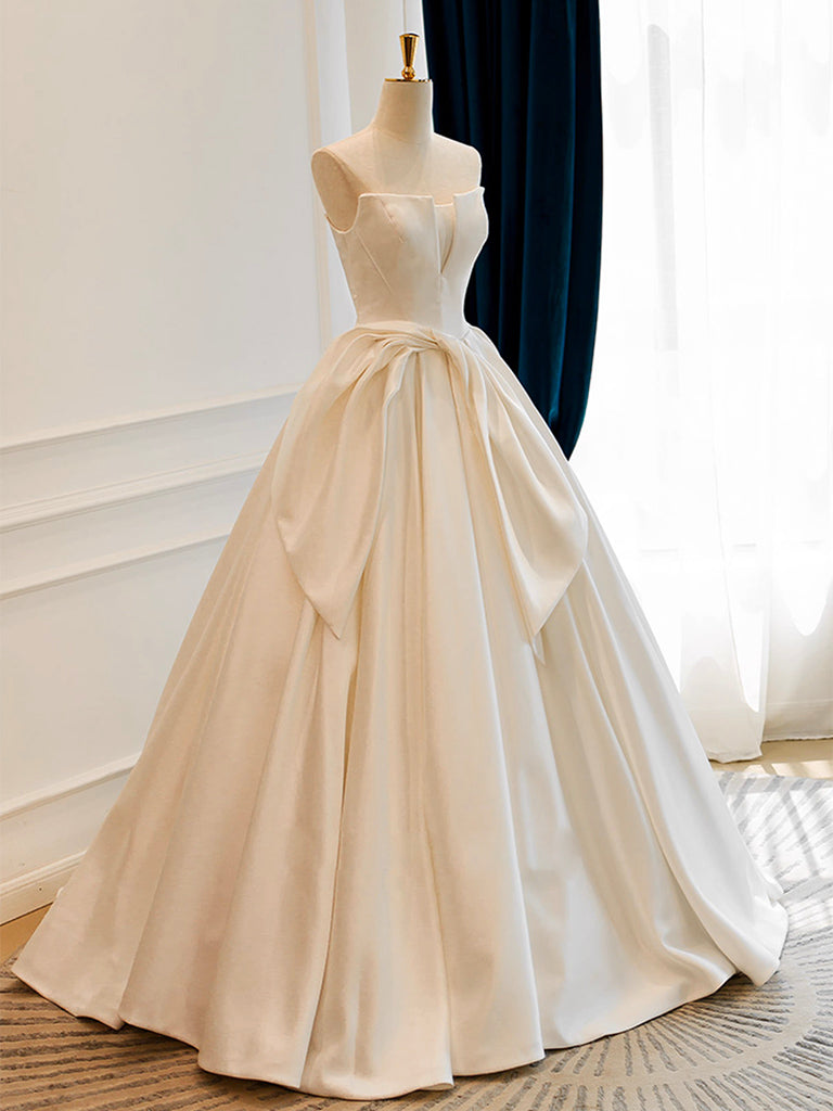 A-Line Satin White Long Formal Prom Dresses, White Long Formal Dresses