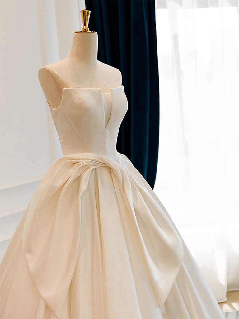 A-Line Satin White Long Formal Prom Dresses, White Long Formal Dresses