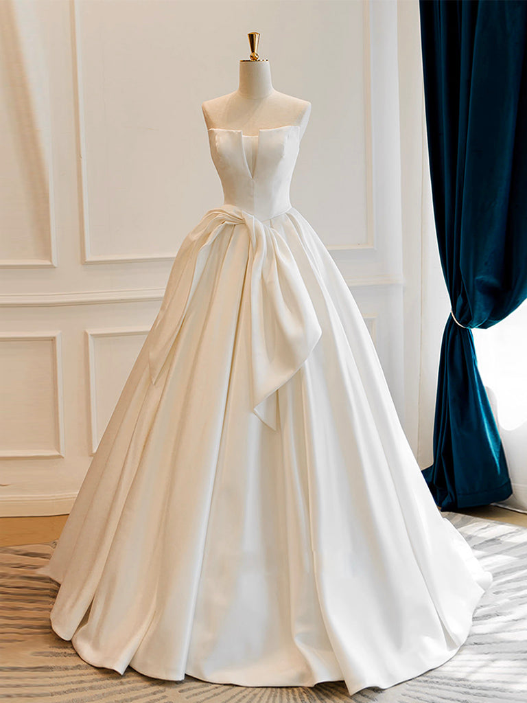 A-Line Satin White Long Formal Prom Dresses, White Long Formal Dresses Main image