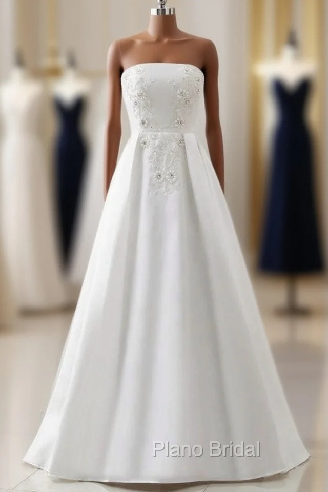 A-Line Satin White Strapless Appliques Beading Floor Length Wedding Dresses
