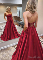 A-line Scalloped Neck Sweep Train Satin Prom Dresses With Pockets