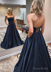 A-line Scalloped Neck Sweep Train Satin Prom Dresses With Pockets