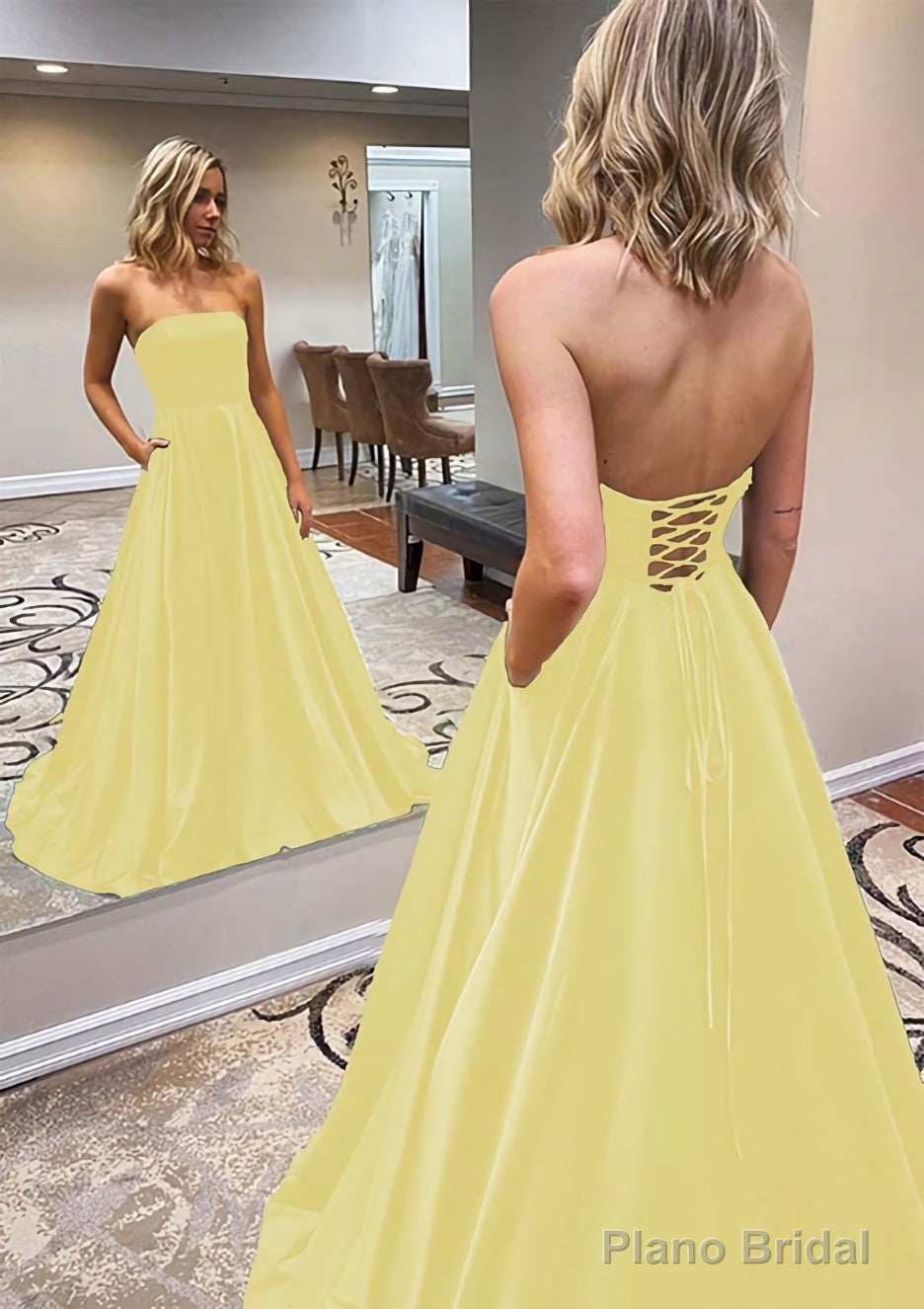 A-line Scalloped Neck Sweep Train Satin Prom Dresses With Pockets