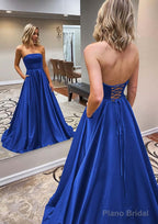 A-line Scalloped Neck Sweep Train Satin Prom Dresses With Pockets