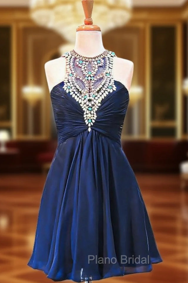 A-line Scoop Beaded Crystals Navy Blue Chiffon Short Homecoming Dresses Main image