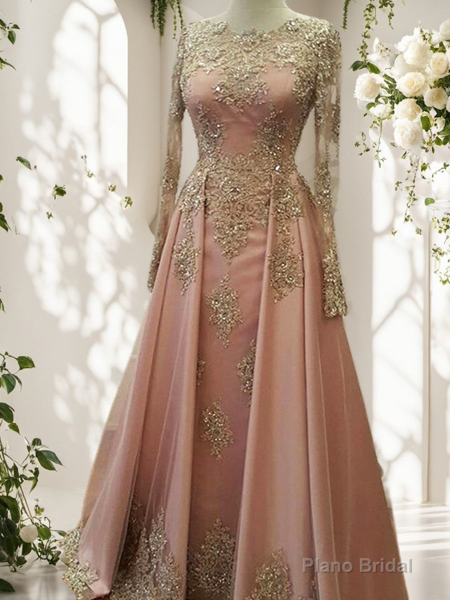 A-line Scoop Long Sleeves Appliques Lace Floor-Length Tulle Dress Main image