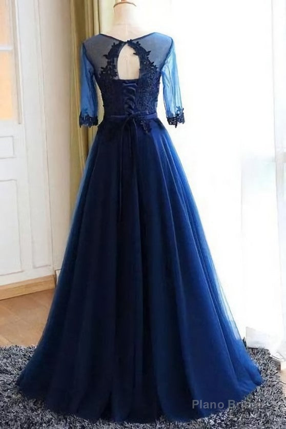 A-line Scoop Neck Dark Blue Long Prom Dresses With Sleeves Secondary image