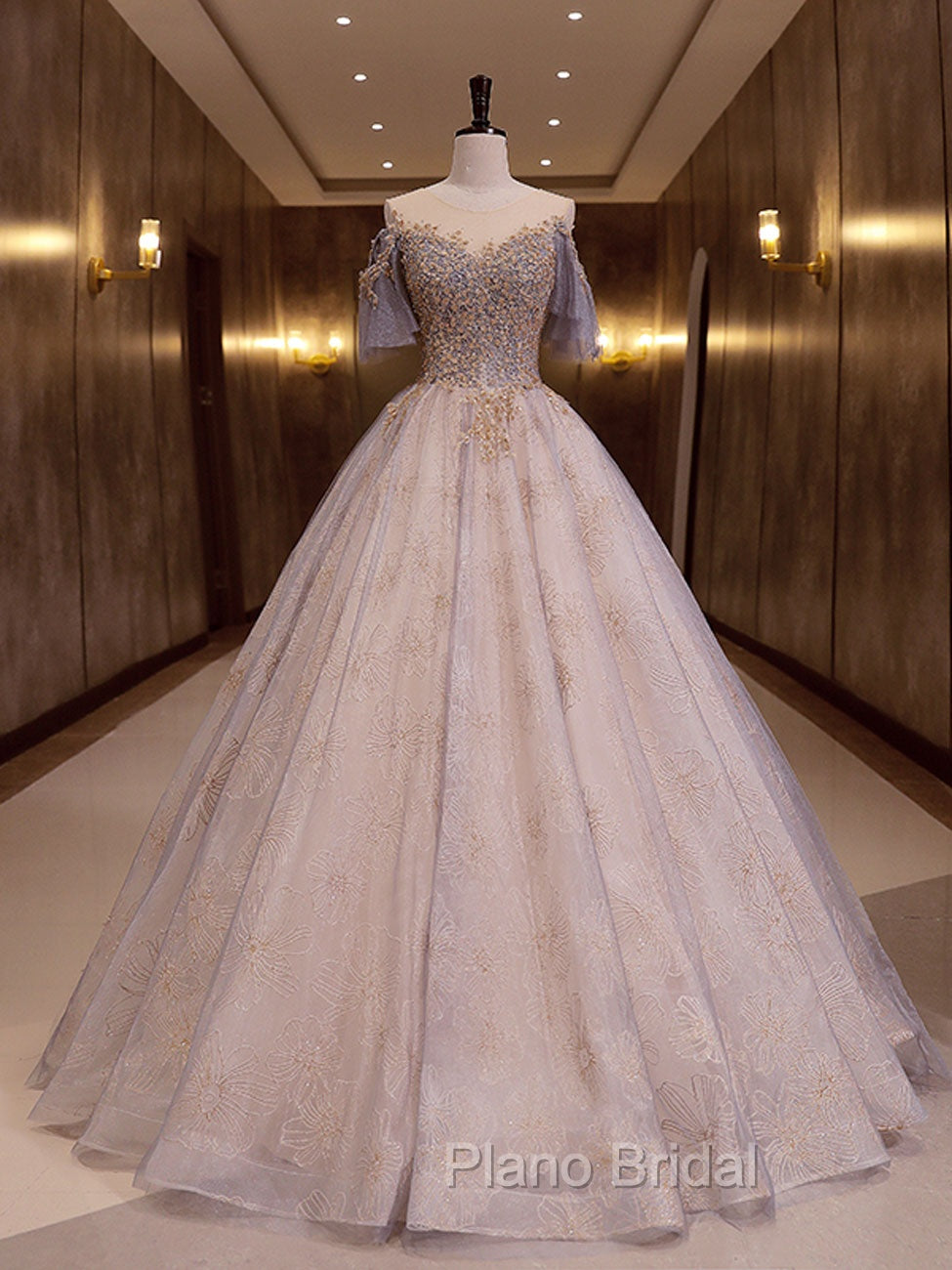 A-Line Scoop Neckline Gray Blue Long Formal Prom Dresses, Tulle Lace Long Evening Dresses