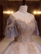 A-Line Scoop Neckline Gray Blue Long Formal Prom Dresses, Tulle Lace Long Evening Dresses