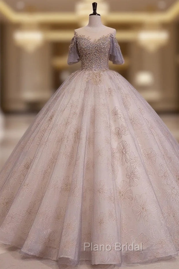 A-Line Scoop Neckline Gray Blue Long Formal Prom Dresses, Tulle Lace Long Evening Dresses Main image