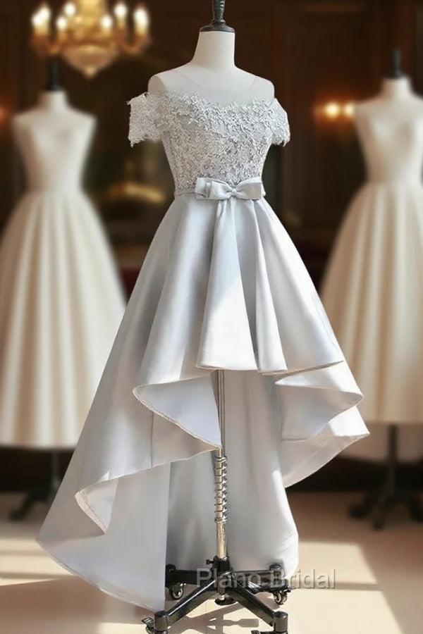 A-Line Scoop Neckline Lace Gray Formal Prom Dresses, High Low Style Satin Formal Dresses