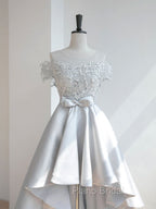 A-Line Scoop Neckline Lace Gray Formal Prom Dresses, High Low Style Satin Formal Dresses