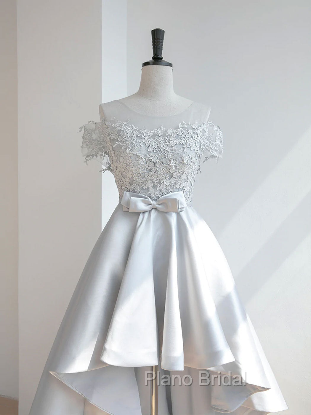 A-Line Scoop Neckline Lace Gray Formal Prom Dresses, High Low Style Satin Formal Dresses