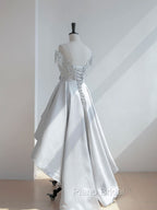 A-Line Scoop Neckline Lace Gray Formal Prom Dresses, High Low Style Satin Formal Dresses