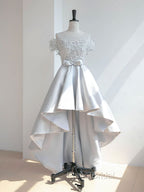 A-Line Scoop Neckline Lace Gray Formal Prom Dresses, High Low Style Satin Formal Dresses