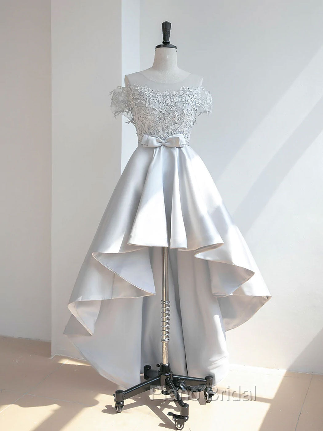 A-Line Scoop Neckline Lace Gray Formal Prom Dresses, High Low Style Satin Formal Dresses