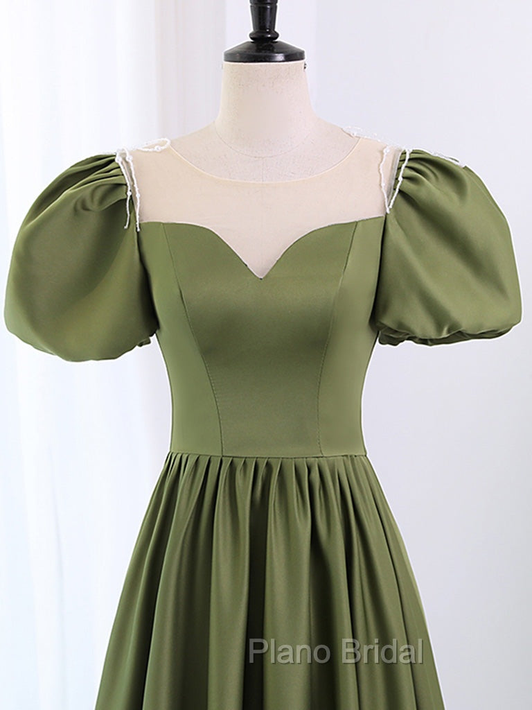 A-Line Scoop Neckline Puff Sleeves Satin Long Green Formal Prom Dresses, Green Formal Dresses