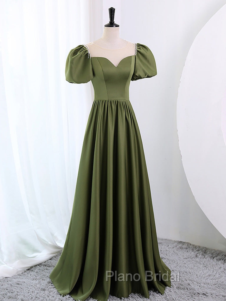 A-Line Scoop Neckline Puff Sleeves Satin Long Green Formal Prom Dresses, Green Formal Dresses Secondary image