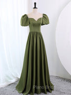 A-Line Scoop Neckline Puff Sleeves Satin Long Green Formal Prom Dresses, Green Formal Dresses