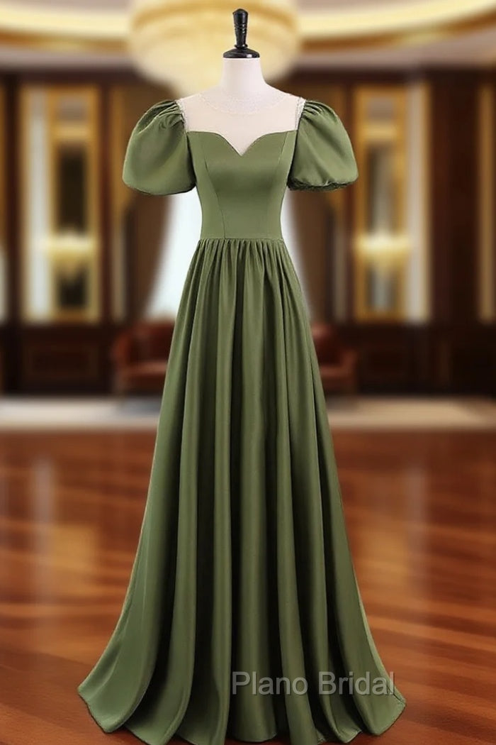 A-Line Scoop Neckline Puff Sleeves Satin Long Green Formal Prom Dresses, Green Formal Dresses Main image