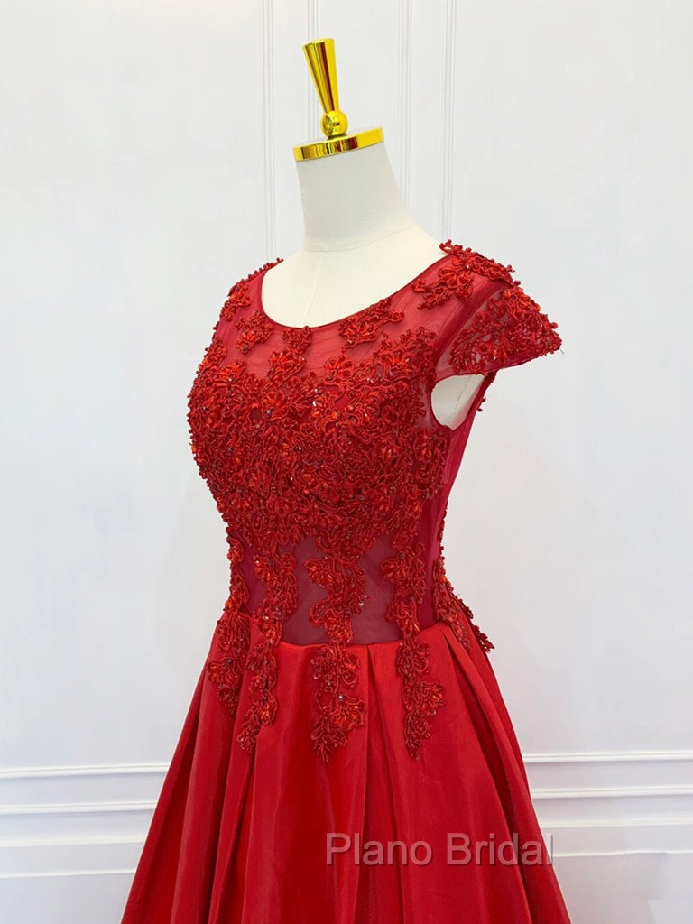 A-Line Scoop Neckline Satin Lace Burgundy Long Formal Prom Dresses, Burgundy Lace Long Formal Dresses Secondary image