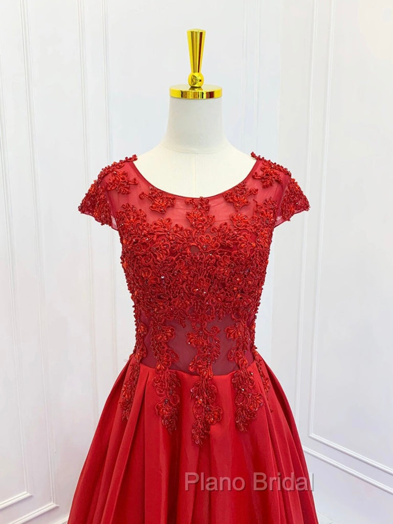 A-Line Scoop Neckline Satin Lace Burgundy Long Formal Prom Dresses, Burgundy Lace Long Formal Dresses