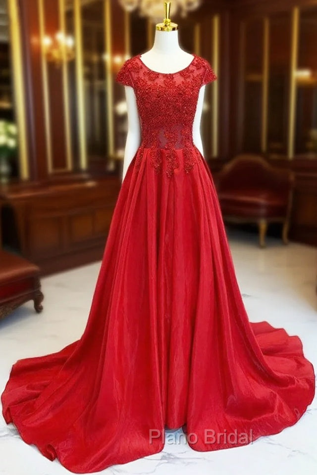 A-Line Scoop Neckline Satin Lace Burgundy Long Formal Prom Dresses, Burgundy Lace Long Formal Dresses Main image