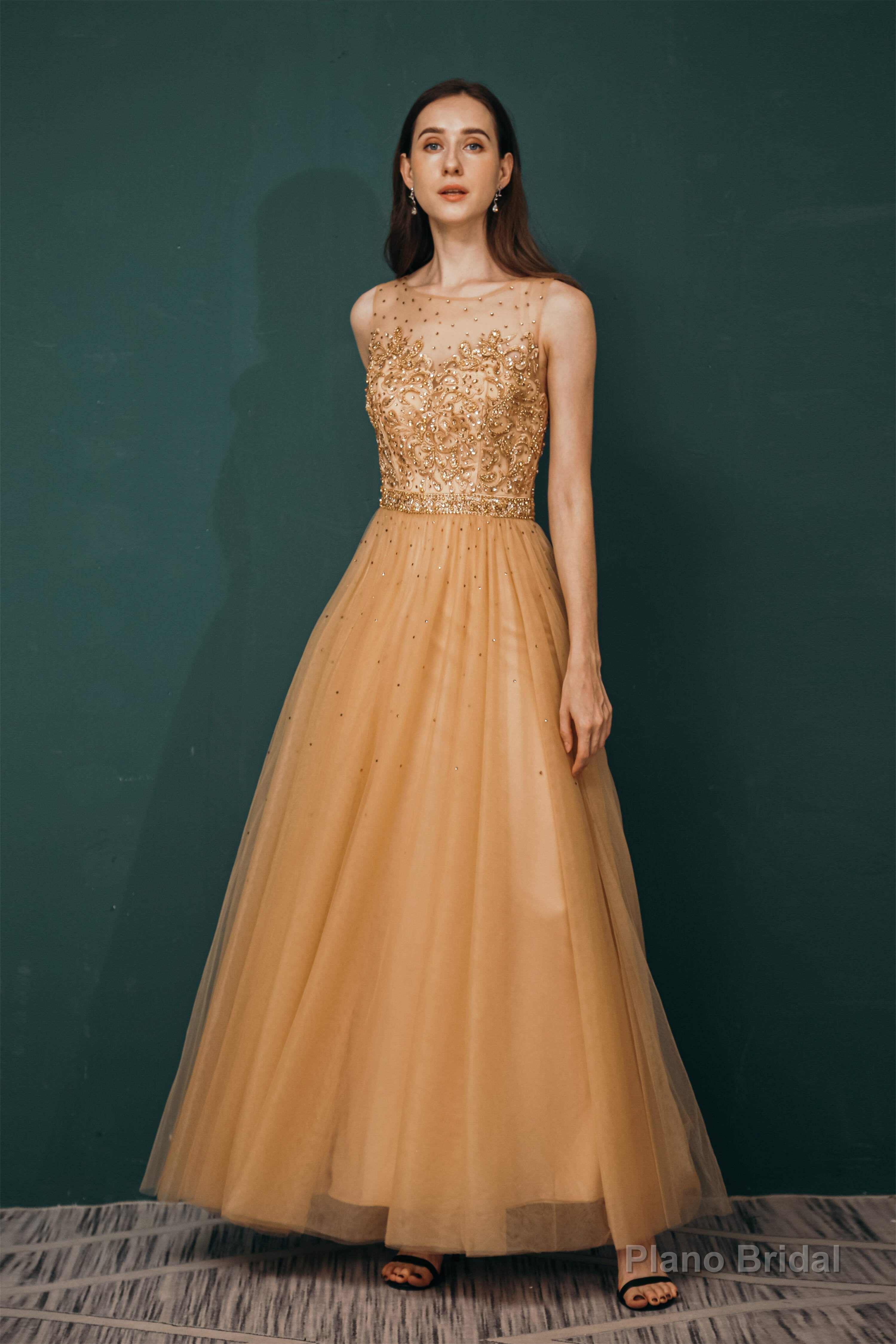 A-Line Scoop Neckline Sheer Appliques Beaded Ankle Length Prom Dresses Secondary image