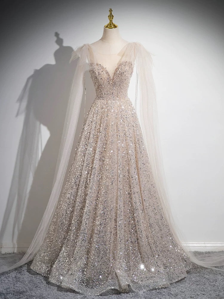 A-Line Scoop Neckline Tulle Champagne Long Formal Prom Dresses, Champagne Sequin Prom Dresses Main image