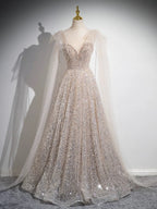 A-Line Scoop Neckline Tulle Champagne Long Formal Prom Dresses, Champagne Sequin Prom Dresses