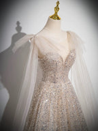 A-Line Scoop Neckline Tulle Champagne Long Formal Prom Dresses, Champagne Sequin Prom Dresses