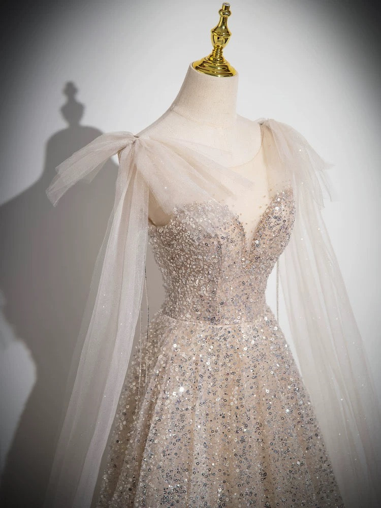 A-Line Scoop Neckline Tulle Champagne Long Formal Prom Dresses, Champagne Sequin Prom Dresses