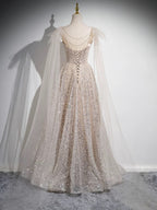 A-Line Scoop Neckline Tulle Champagne Long Formal Prom Dresses, Champagne Sequin Prom Dresses