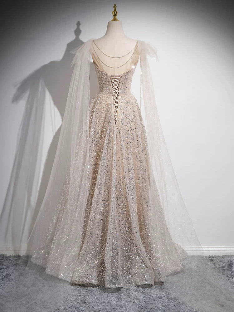 A-Line Scoop Neckline Tulle Champagne Long Formal Prom Dresses, Champagne Sequin Prom Dresses