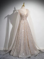 A-Line Scoop Neckline Tulle Champagne Long Formal Prom Dresses, Champagne Sequin Prom Dresses